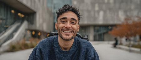 Young man with curly hair, wearing a sweater, is smiling outdoors in an urban environment, with modern buildings and greenery creating a vibrant atmosphereの素材