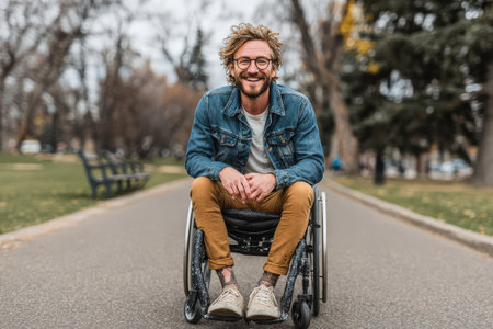 Happy man in wheelchair, dressed in casual clothing, sitting on a pathway in a park, with trees and benches in the background, exuding a joyful atmosphereの素材