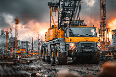 Construction vehicle equipped with crane is stationed on muddy site, surrounded by cranes and structures, illustrating the dynamic environment of industrial workの素材