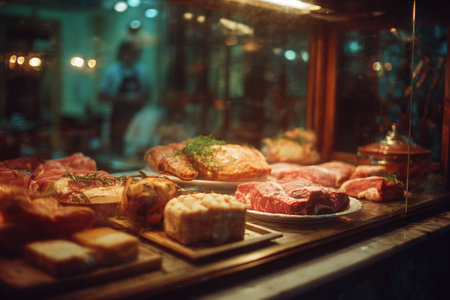 Assorted meats and cheeses are beautifully arranged in a glass display case, highlighting fresh ingredients and creating an inviting ambiance for food enthusiastsの素材