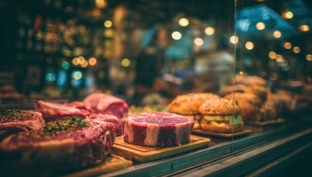 Display of fresh meat cuts in butcher shop window, highlighting rich colors and textures, with bakery items in the background and warm lighting creating inviting atmosphereの素材