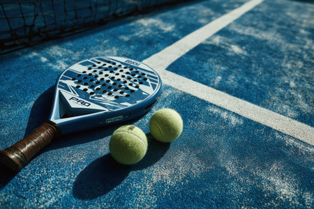 Paddle racket positioned on blue court with two yellow tennis balls nearby, showcasing the excitement of sports and the vibrant atmosphere of outdoor playの素材