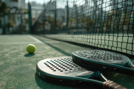 Padel rackets are positioned on a green court next to a yellow ball, with a net visible in the background, showcasing an energetic sports sceneの素材