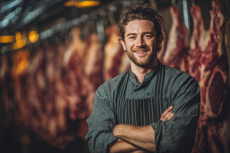 Confident butcher in gray apron stands with arms crossed in a meat shop, surrounded by fresh cuts of meat, highlighting professional skills and dedication to qualityの素材