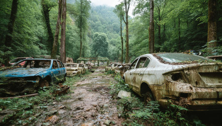 Wrecked cars are scattered in a green forest, with a blue and black car on the left, illustrating nature's reclamation of abandoned vehicles and providing copy spaceの素材