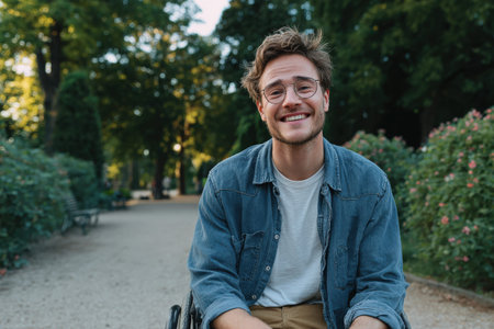 Young man in wheelchair smiles brightly while sitting in a park, surrounded by lush greenery and colorful flowers, creating a cheerful and uplifting atmosphereの素材