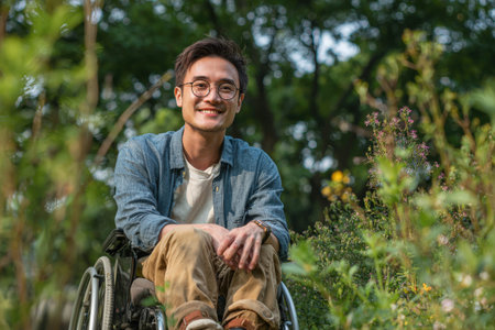 Smiling young man in wheelchair sits among colorful flowers in a park, radiating happiness and positivity while enjoying the beauty of nature and warm sunlightの素材