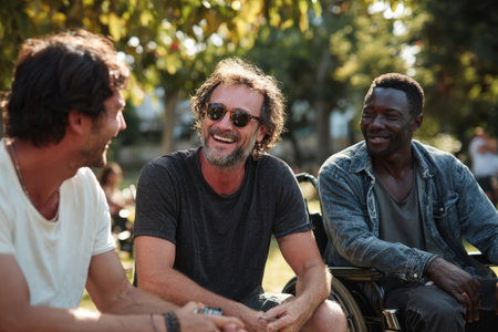 Three friends are seated on the grass in a lively park, sharing smiles and laughter under the warm sun, creating a cheerful atmosphere of camaraderie and connectionの素材