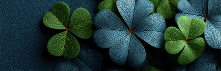 Artistic arrangement of four leaf clover leaves on dark green textured background, highlighting vibrant colors and intricate details, ideal for nature-themed projects and festive occasionsの素材