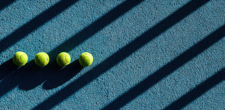 Aerial view of a blue padel court featuring bright yellow balls aligned in a row, casting intriguing shadows on the textured surface, ideal for sports imageryの素材
