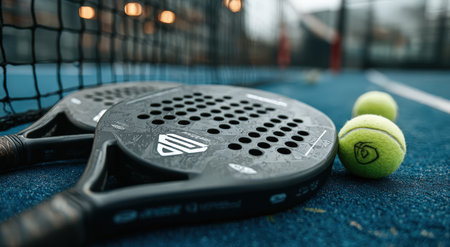 Black padel rackets with a white logo are placed on a blue gigapixel standard surface, highlighting the sport's equipment and vibrant colors in an engaging environmentの素材
