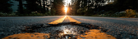 Asphalt road features a noticeable hole with yellow lines, framed by trees, as sunlight filters through, creating a tranquil yet captivating scene with copy spaceの素材