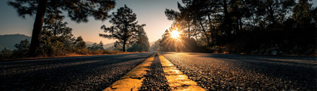 An empty road features a noticeable hole in the asphalt, with yellow lines guiding the viewer's eye, surrounded by trees and warm sunlight illuminating the sceneの素材