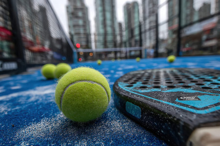 Paddle and vibrant green balls are positioned on a blue court surrounded by urban architecture, creating an energetic atmosphere with ample copy spaceの素材
