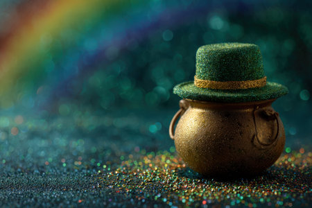 A pot of gold adorned with a green hat rests on a glittering surface, complemented by a colorful rainbow in the background, evoking a joyful celebrationの素材