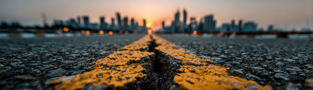 Asphalt road features a prominent yellow line leading toward a stunning city skyline at sunset, highlighting urban beauty and offering copy space for designの素材