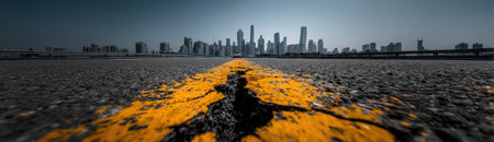 Asphalt road with prominent yellow lines stretches towards a modern city skyline, highlighting urban design and architectural beauty in a captivating sceneの素材