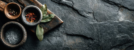 Dark gray stone surface features wooden bowls filled with spices and herbs, enhancing the rustic kitchen ambiance and inviting culinary creativity and explorationの素材