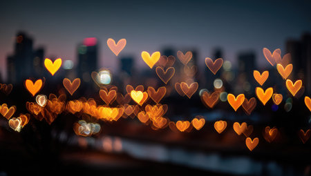 Heart-shaped lights blur softly against a night sky, creating a romantic ambiance, with a city skyline adding depth and warmth to the sceneの素材