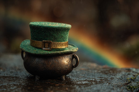 A pot of gold adorned with a green hat rests on a damp surface, complemented by a colorful rainbow in the background, evoking a sense of wonder and joyの素材