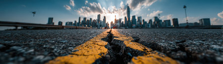 Asphalt road with yellow lines stretches towards a city skyline, highlighting urban architecture and a dramatic sky filled with clouds and sunlightの素材