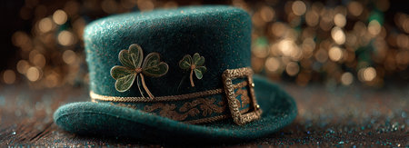 Green top hat featuring gold trim and clover leaves rests on a wooden surface, with a blurred festive background of sparkling lights for St. Patrick's Dayの素材