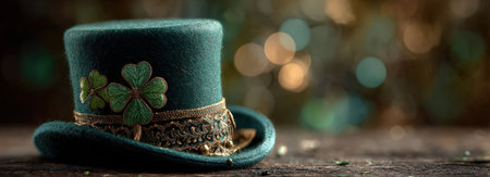 Green top hat featuring gold trim and four leaf clovers is resting on a wooden surface, with a festive blurred background of soft bokeh lights enhancing the holiday themeの素材