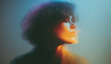 Blurred portrait of a woman with flowing hair and soft lighting, creating a sense of motion with vibrant colors against a gradient backgroundの素材