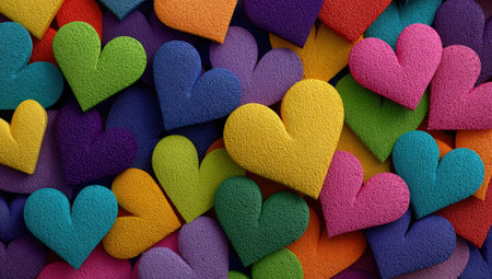 A vibrant array of hearts in multiple colors and sizes fills the background, creating a cheerful and festive look perfect for love-themed projectsの素材