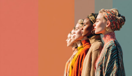 Group of women in profile wearing vibrant clothing and headscarves, set against a soft pastel background, highlighting diverse fashion and textures with copy spaceの素材