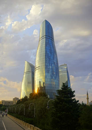 Rainy Clouds are approaching the Flame Towers in Baku at Afternoonのeditorial素材