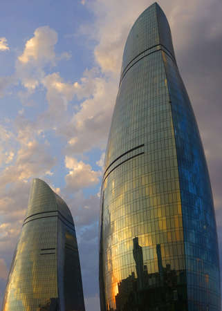 View of Two Flame Towers in Baku while Rainy Clouds are reaching this Sightのeditorial素材