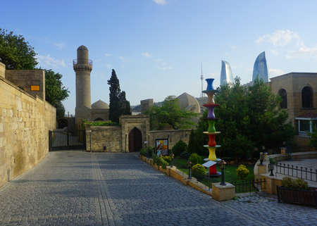 Shirvanshahs Palace Complex Entrance View with Flame Towers in Background.のeditorial素材