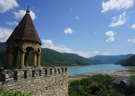 Ananuri Castle Complex Bell Tower with Zhinvali Reservoir View