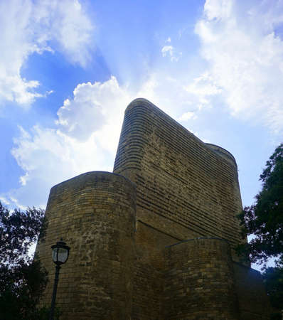 Baku Maiden Tower Back View at Noon Time with awesome Cloudy Blue Sky Backgroundのeditorial素材