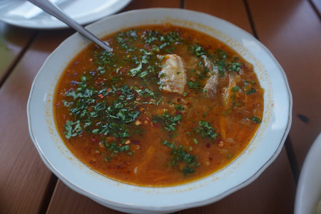 Georgian Traditional Cuisine Beef Kharcho Soup on Plate with Spoon