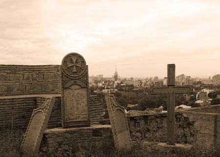 Two Georgian Crosses on Wall at Tbilisi Narikala Church Sepia Tone Effectのeditorial素材