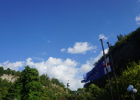 Borjomi Gondola Waving European Union and Georgian Flagのeditorial素材