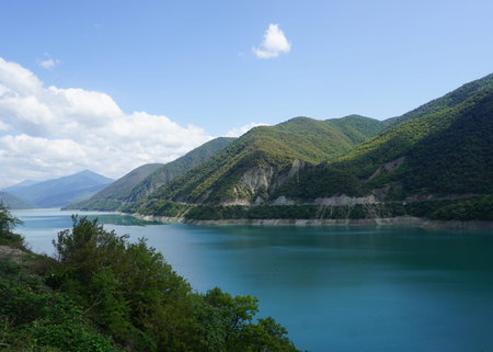 Zhinvali Reservoir Common Landscape View with Clouds and Blue Sky