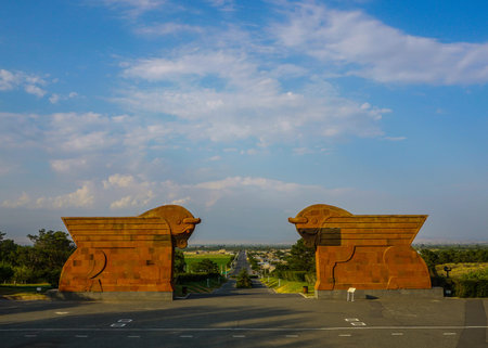 Sardarapat Memorial Horses Front View in Summer on a Cloudy Dayのeditorial素材