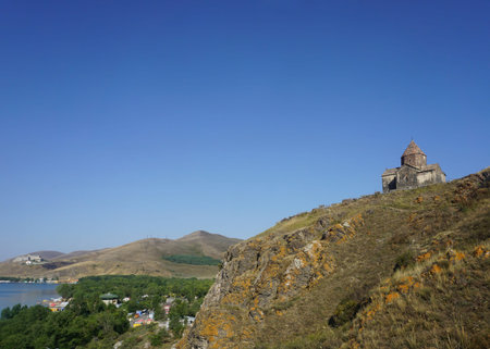 Lake Sevan Sevanavank Monastery Church Sitting on a Hill View with Blue Skyの写真素材