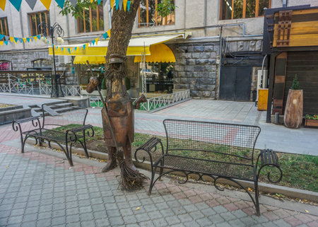 Yerevan Street Art Man with a Broom Cleaning the Streetのeditorial素材