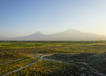 Khor Virap Mount Ararat View at Sunset in Summerの写真素材