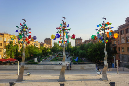 Yerevan Cascade Complex Centered Multi Colored Three Art Treesのeditorial素材
