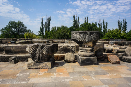 Zvartnots Cathedral Ruins Eagles on Pillar Top in Summer
