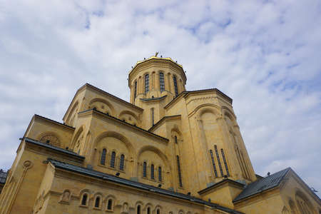 Tbilisi Sameba Cathedral Sloping Position View with Cloudsの写真素材
