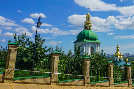 Kiev Great Lavra Old Garden of Lavra with Green Roof Domeの写真素材