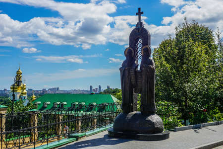 Kiev Great Lavra Saints Anthony and Theodosius Statue at Blue Sky Backgroundの写真素材