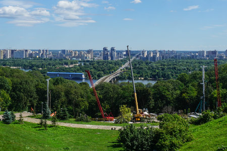 Kiev Four Cranes at Park of Eternal Glory with View of Hidropark Bridge