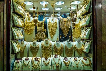Dubai Gold Souk Jewelry Decoration Ornament at a Shop Showcaseの写真素材